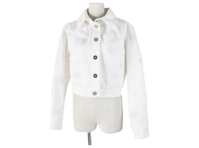 Chanel Cotton COCO Mark Button Camellia Embossed Cropped Denim Jacket White