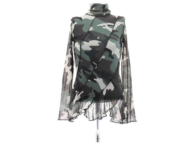Jean Paul Gaultier Top de malla con estampado de camuflaje Caqui