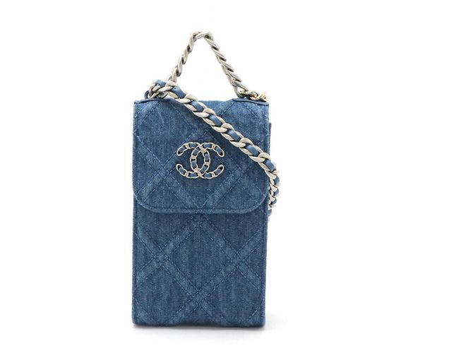 Capa de telefone Chanel19 em denim com corrente Azul