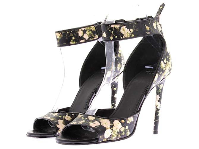 Givenchy Sandales à talons en cuir noir et motif fleuri Black Leather  ref.2290138