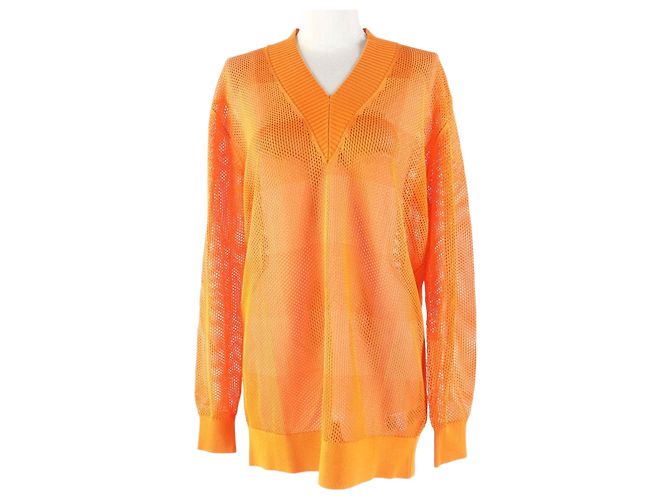 Céline Burberry Rayon V-Ausschnitt Mesh Tunika Kleid Orange S