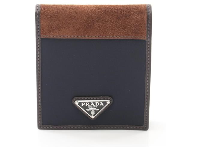 Saffiano Prada Tessuto+Camos Bi-fold Wallet Brown Navy blue Leather Nylon  ref.2293077