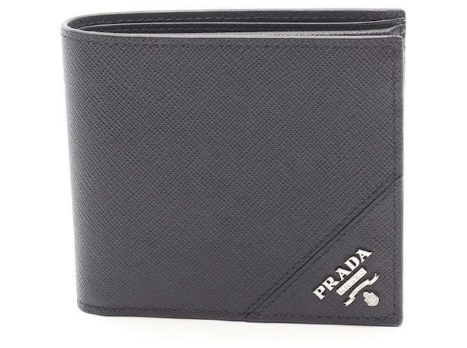 Prada Saffiano Metal Bi-fold Wallet Black Metallic Leather  ref.2293310