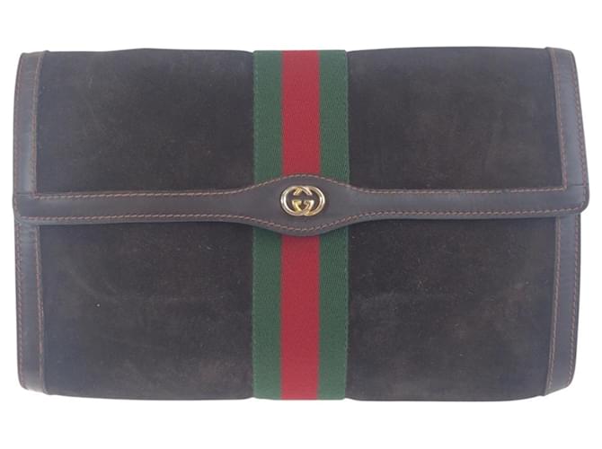 Gucci Vintage Sherry Line Clutch Bag Brown Suede Leather  ref.2293451