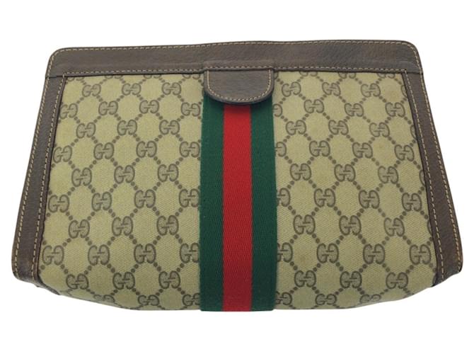 Gucci Vintage Old Sherry Line Clutch Bag Brown Beige Leather Cloth  ref.2293452