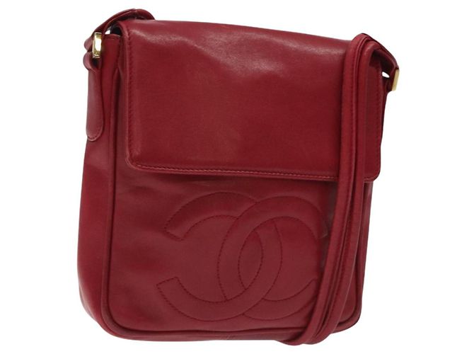 CHANEL COCO Bolsa de Hombro Mark de Piel de Cordero Roja Dorada CC Auth BA2939 Dorado