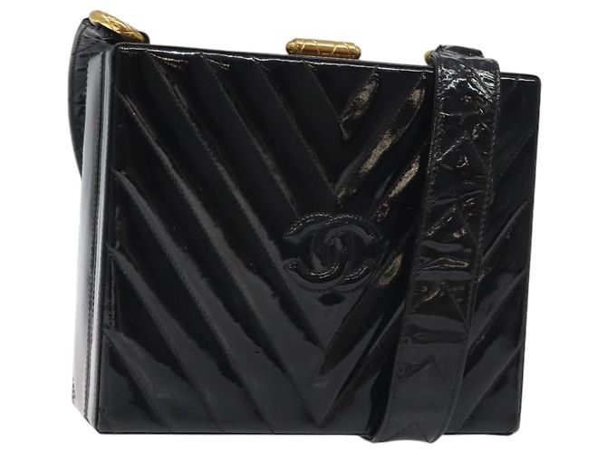 CHANEL V Stitch COCO Marchio Borsa a Spalla Pelle Lucida Nera Oro CC Auth 126704 Nero D'oro