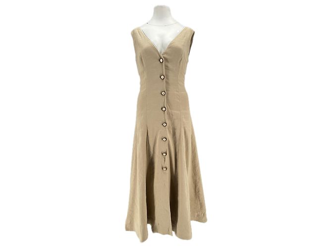 Veronica Beard Beige Leinenkleid lang ärmellos