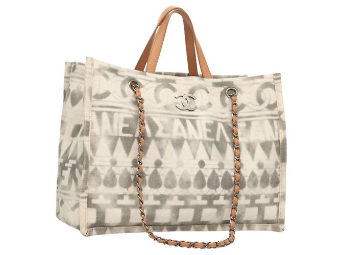 Bolsa Tote em Canvas CHANEL Chain 2way Cinza CC Auth 125976 Marrom