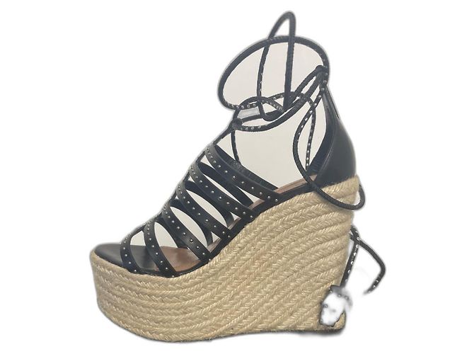 Alaïa Wedge Sandals Black Leather Silver Studs
