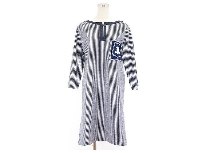 Hermès Vestido de algodão Hermes Branco Azul marinho