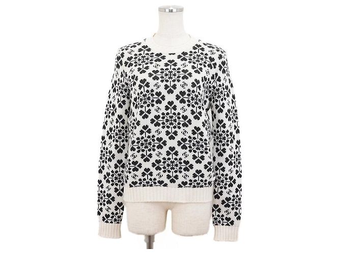 Chanel Kaschmirpullover, Herz-Klee-Muster, Rundhals, Größe 36 Weiß