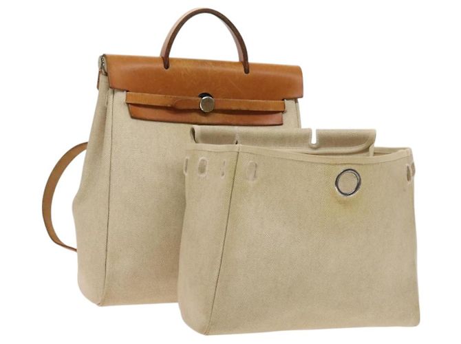 Hermès HERMES Herbag A Dos PM Rucksack aus Canvas Leder Beige Silber Authentisch 126543
