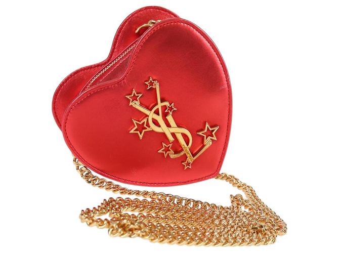 Bolsa de ombro com corrente Saint Laurent em couro vermelho e dourado Auth BD2192M