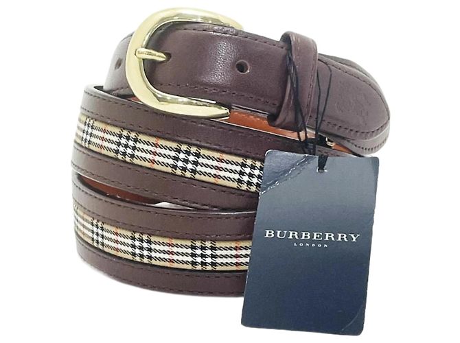 Burberry London Check Pattern Leather Belt Beige Dark brown