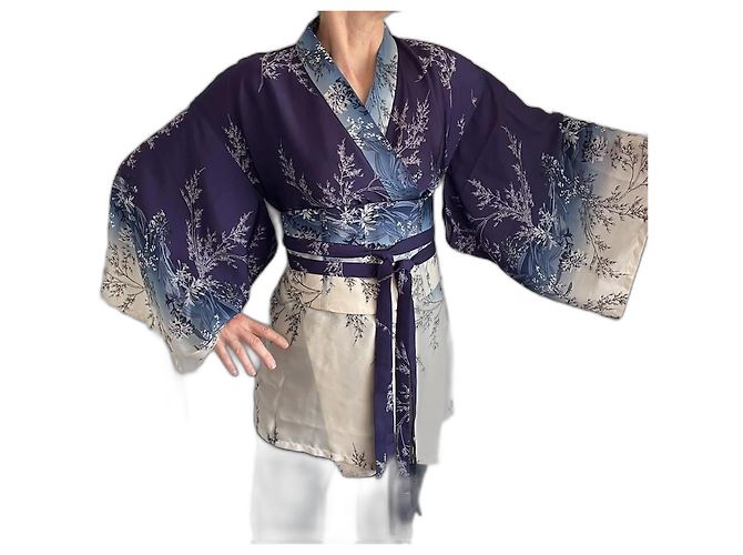Autre Marque Kimono + Cinto Obi de Seda Impressa Branco Azul