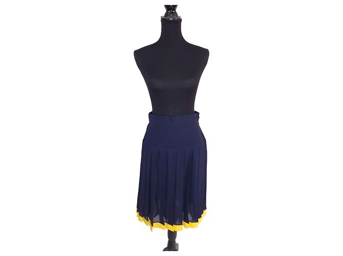 Genny gonna preppy in seta blu e gialla vintage 1990s Giallo