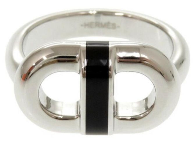 Hermès Hermes Maillon Band Ring Black Silvery Metal