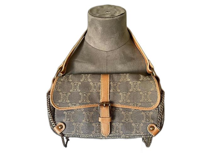 Bolsa Céline Macadam Denim e Couro Dourado Marinho