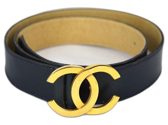 CINTO DE COURO COM FIVELA CC CHANEL Dourado Azul marinho
