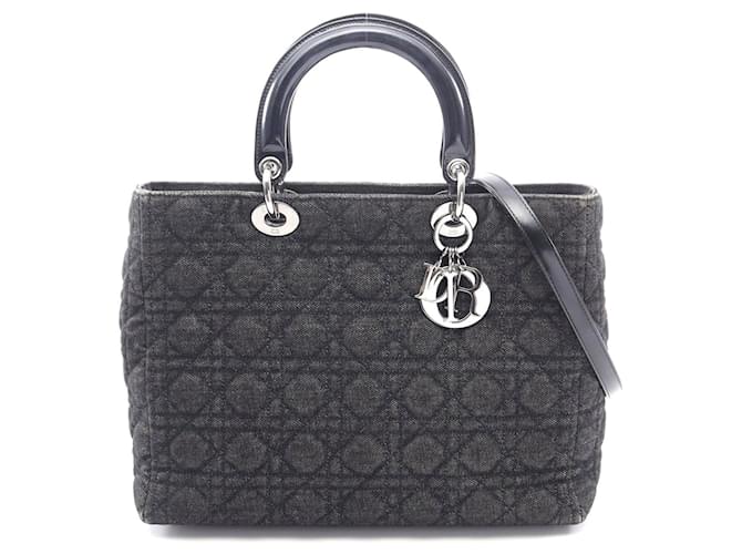 Dior Lady Dior Large Denim Patent Leather Handbag Black Enamel  ref.2307186