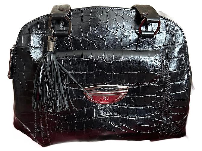 Borsa Lancel modello Adjani grande formato in pelle nera con stampa coccodrillo