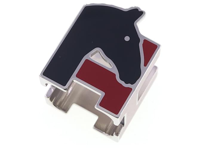 Ring Hermès Anneau de foulard Hermes H Cheval Métal Noir Argenté Rouge  ref.2308397