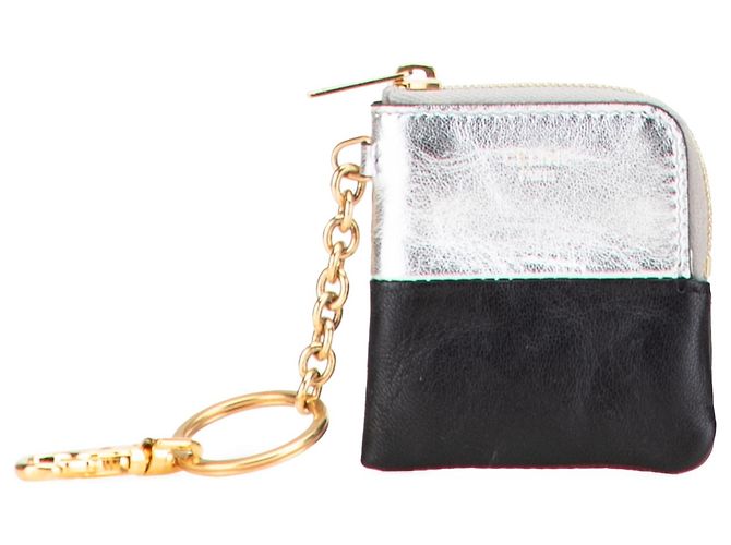 Céline Celine Silver Bicolor Leather Key Ring Coin Pouch Black Silvery