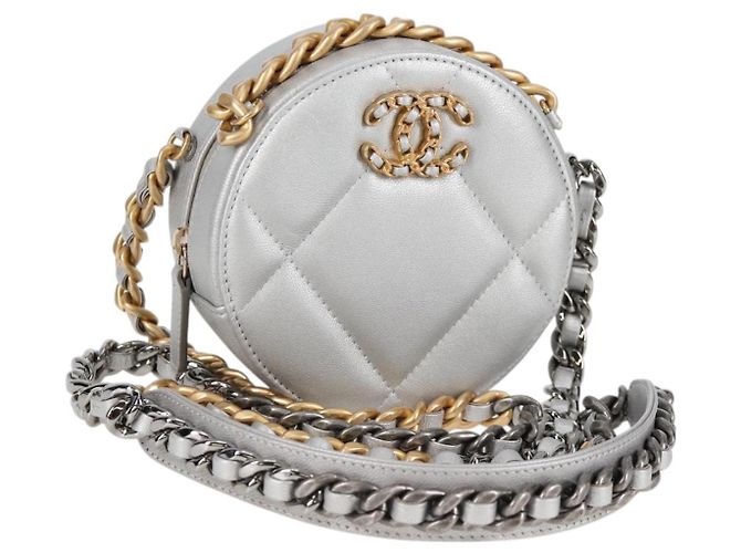 Bolsa de ombro Chanel 19 em couro de cordeiro com corrente dourada e prateada CC Auth fm4698M Prata Dourado