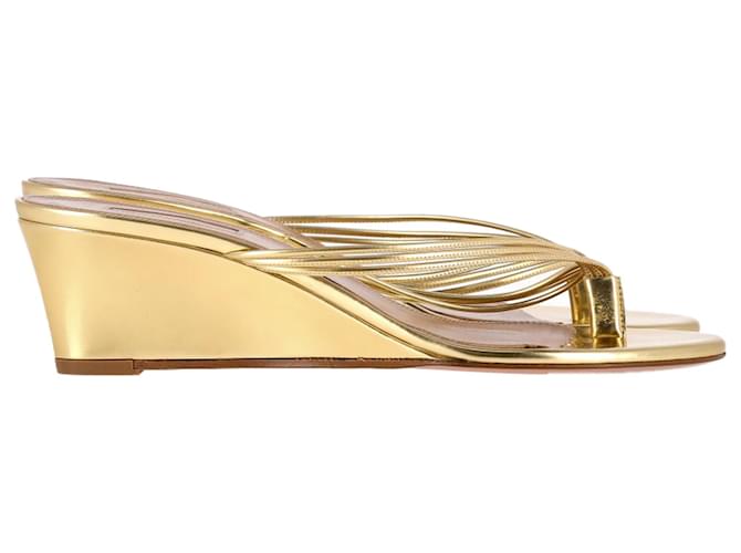 Aquazzura Pedi 45 Wedge Sandals in Gold Leather Golden Metallic  ref.2309624