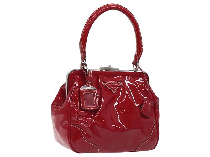 PRADA Handtasche Emaille Rot Silber Auth BA2814