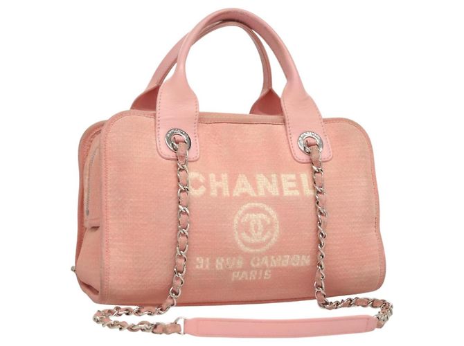 CHANEL Bolsa de Mão em Lona e Couro 2 em 1 Rosa Prata CC Auth BA2930