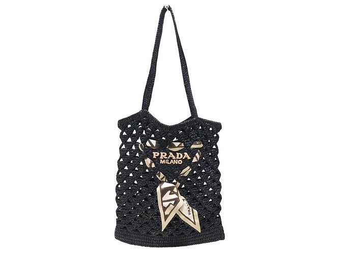 BORSA A MANO PRADA IN PAGLIA CON LOGO E FULARD IN SETA RAFFIA NERA