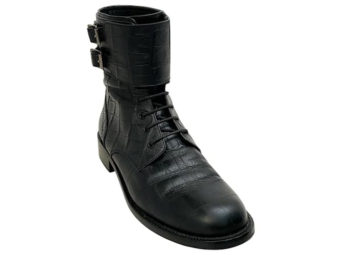 Saint Laurent Black Embossed Leather Ankle Buckle Lace Up Boots  ref.2312677