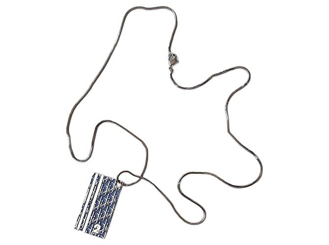 Colar Dior Pingente Retangular Azul e Prateado Prata