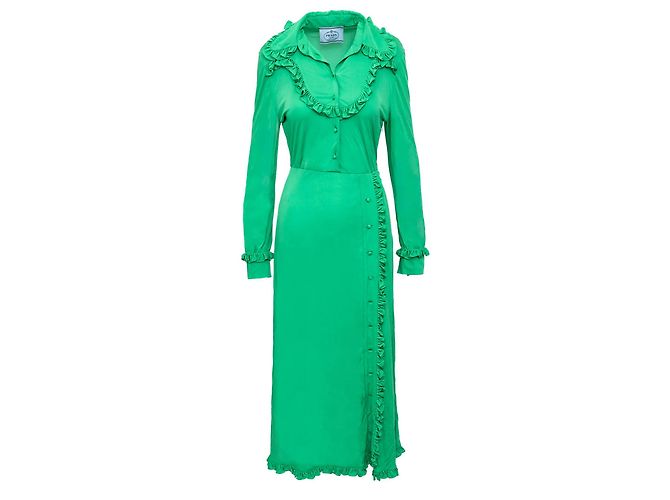 Vestido longo com gola de babados Prada Verde
