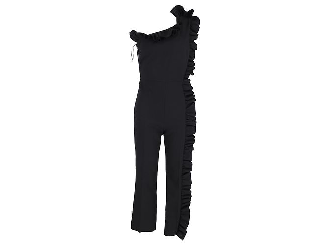 MSGM One-Shoulder Ruffle-Trimmed Jumpsuit In Black Polyester