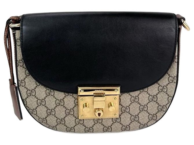 Padlock Borsa a spalla nera Gucci GG Supreme Web con lucchetto Marrone