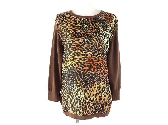 Autre Marque LEONARD FASHION Wool Silk Leopard Knit Pullover Brown