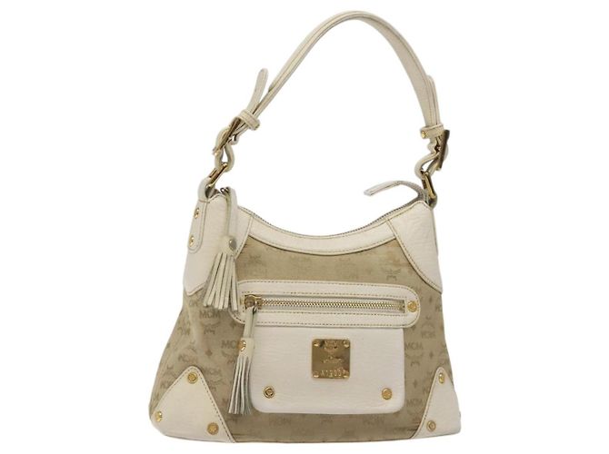 Bolsa de ombro em canvas MCM Vicetos Logogram bege ouro Auth 129427 Dourado