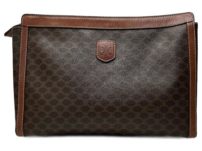 Triomphe Céline Clutch de cuero monograma vintage Celine marrón Castaño