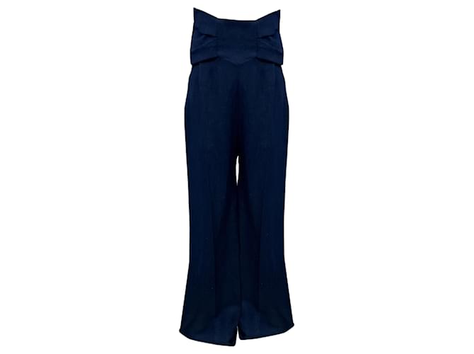 Autre Marque Prune Goldschmidt Alix Dark Blue Denim Chambray Bow Adorned High Rise Wide Leg Trousers Cotton  ref.2319495
