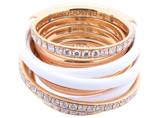 De Grisogono Allegra Rose Gold and White Ceramic with Diamonds Ring, Size 53 EU Pink