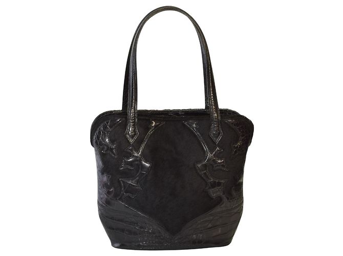Bolsa Tote Etro em Couro Preto com Textura de Crocodilo e Pele