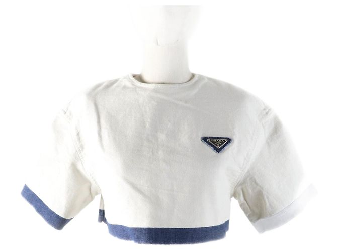 Top cropped em denim com logo Prada GFT012 Branco Azul