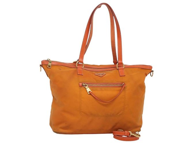 Bolsa Tote PRADA Nylon 2way Laranja Ouro Auth ep9199 Dourado