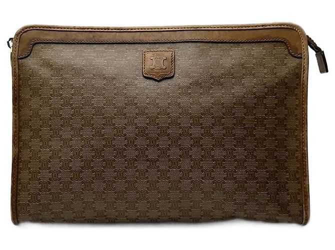 Céline Clutch Vintage Celine Paris Triomphe Monogram Beige Marrone D'oro