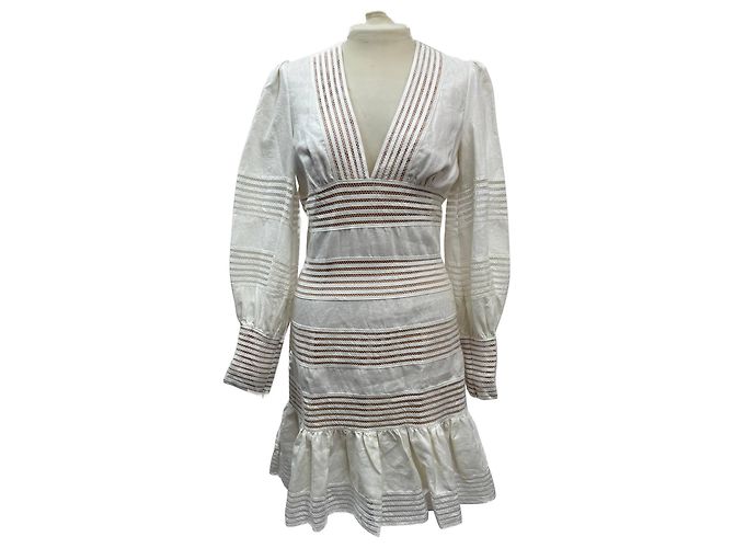 Vestido Mini em Linho Branco com Acabamento em Crochê Zimmermann Cru