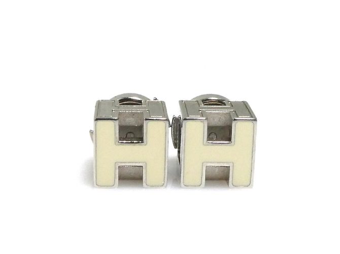 Hermès HERMES Ohrringe Cage aus H Metall Emaille Silber Off-White Aus weiß