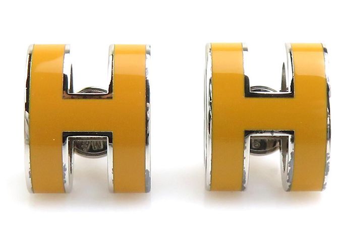 Hermès Hermes Mini Pop H Metall Emaille Ohrringe Silber Gelb